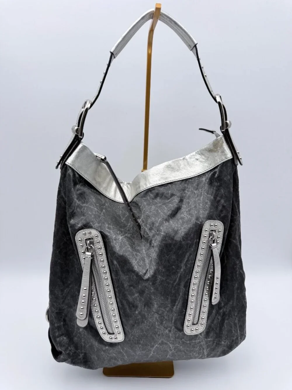 B. Makowsky Silver & Gray Hobo Bag With Studded Zipper Accents Adjustable Strap
